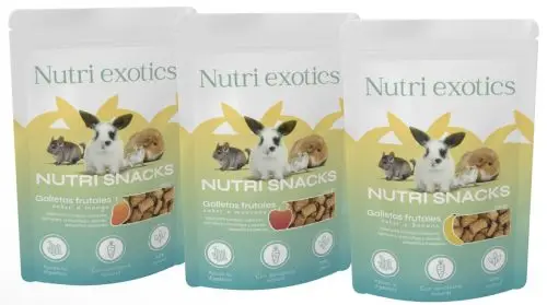 Nutri snacks: Golosinas para pequeñas mascotas como conejos, cobayas, hamsters, chinchillas, jerbos... en sus sabores favoritos: banano, manzana y mango